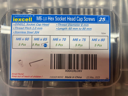 25pcs M6 Screws Assortment kit M6x60/65/70/75/80mm Hex Socket Head #1376