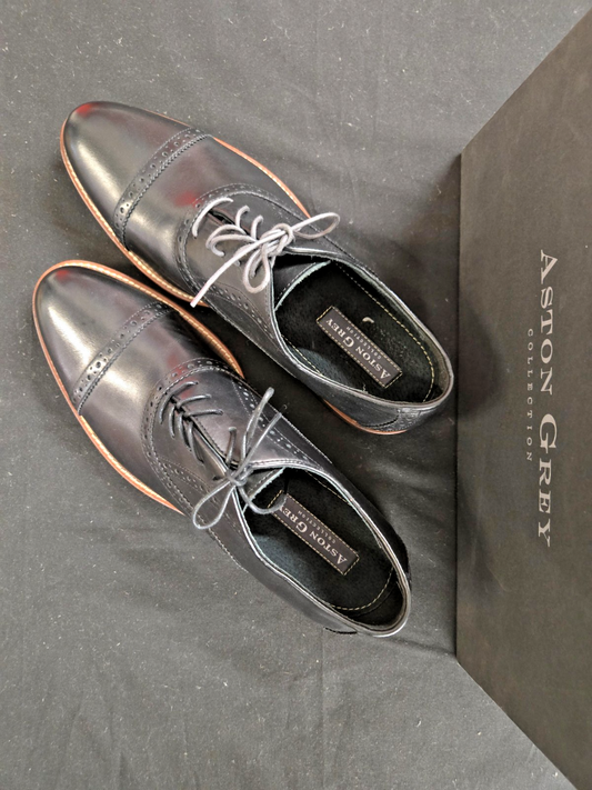 Aston Grey Osaka Shoes Men's 10 BLACK Leather Oxford Cap Toe BROGUE DRESS #0366