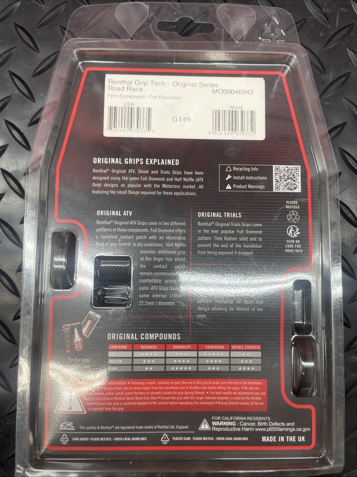 Renthal Black Road Race Full Diamond Firm Compound Grip Set G149 7/8” #1116