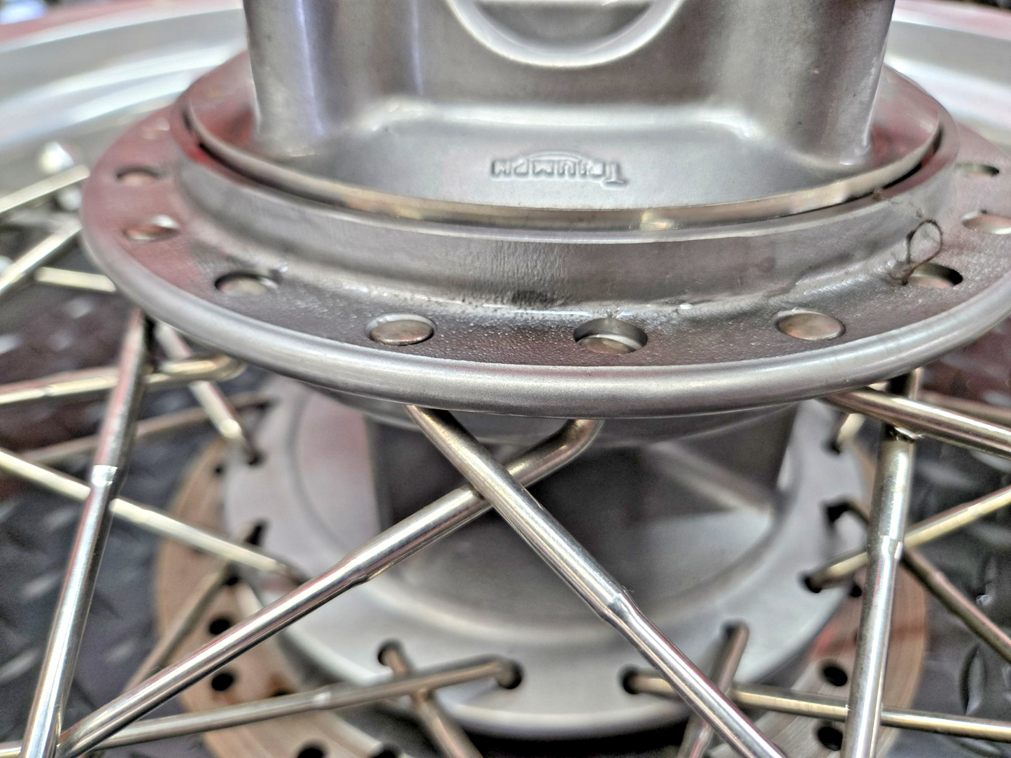 Triumph Thruxton 900 rear wheel rim straight complete rotor sprocket hub #0519