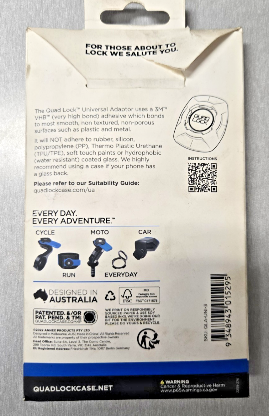 QUAD LOCK UNIVERSAL ADAPTOR  CASE PHONE MOUNT ADAPTER iPhone Samsung #0494