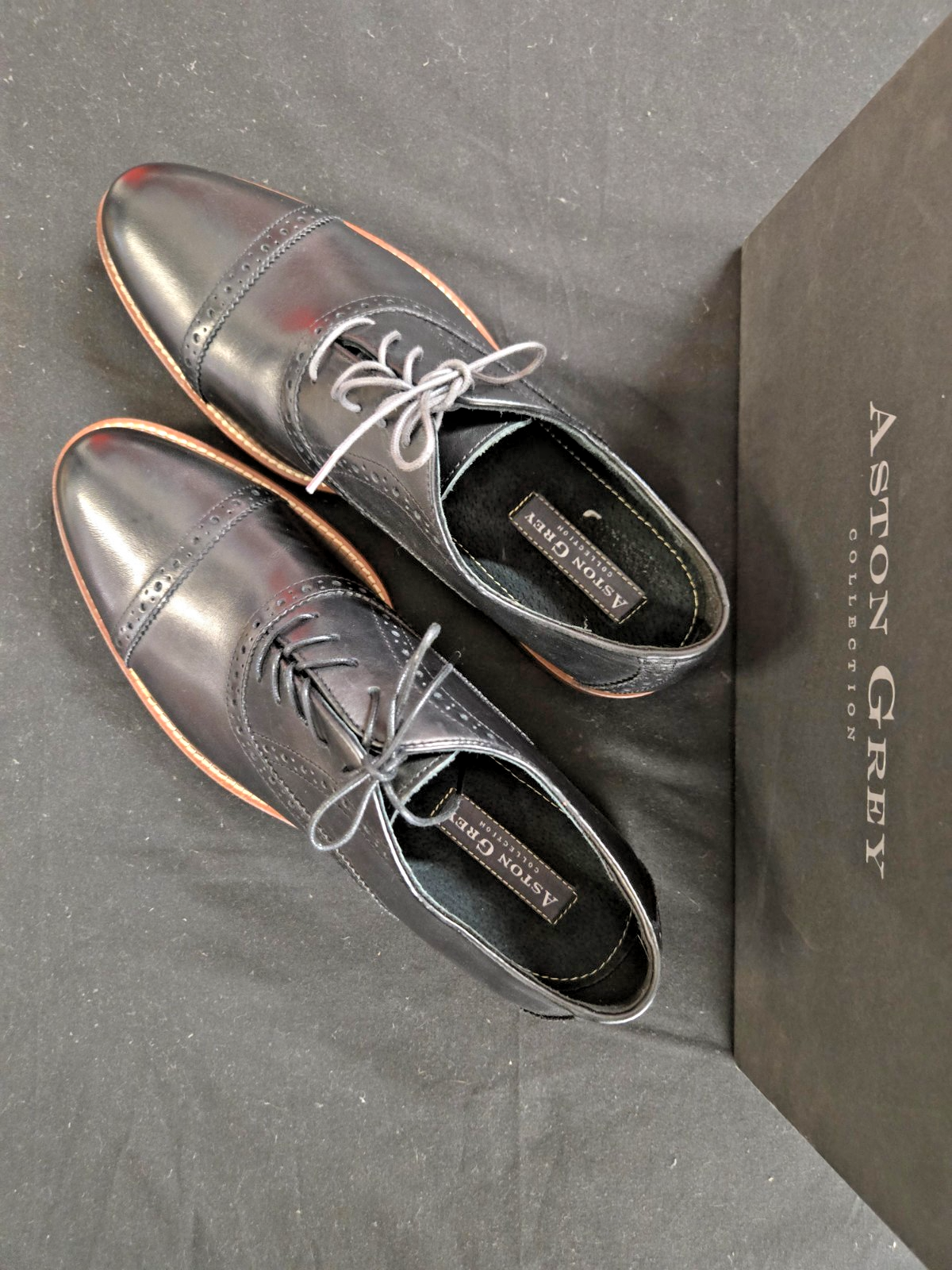 Aston Grey Osaka Shoes Men's 10 BLACK Leather Oxford Cap Toe BROGUE DRESS  #0366