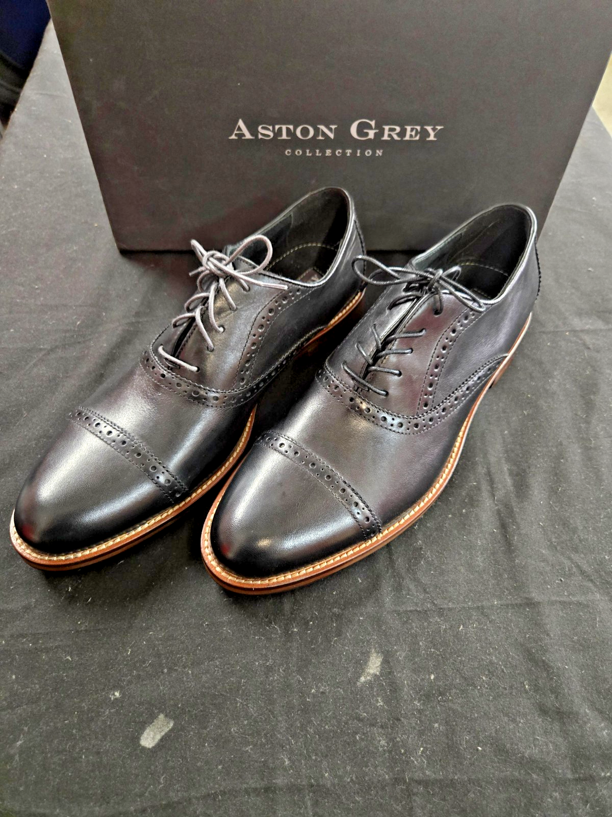 Aston Grey Osaka Shoes Men's 10 BLACK Leather Oxford Cap Toe BROGUE DRESS  #0366