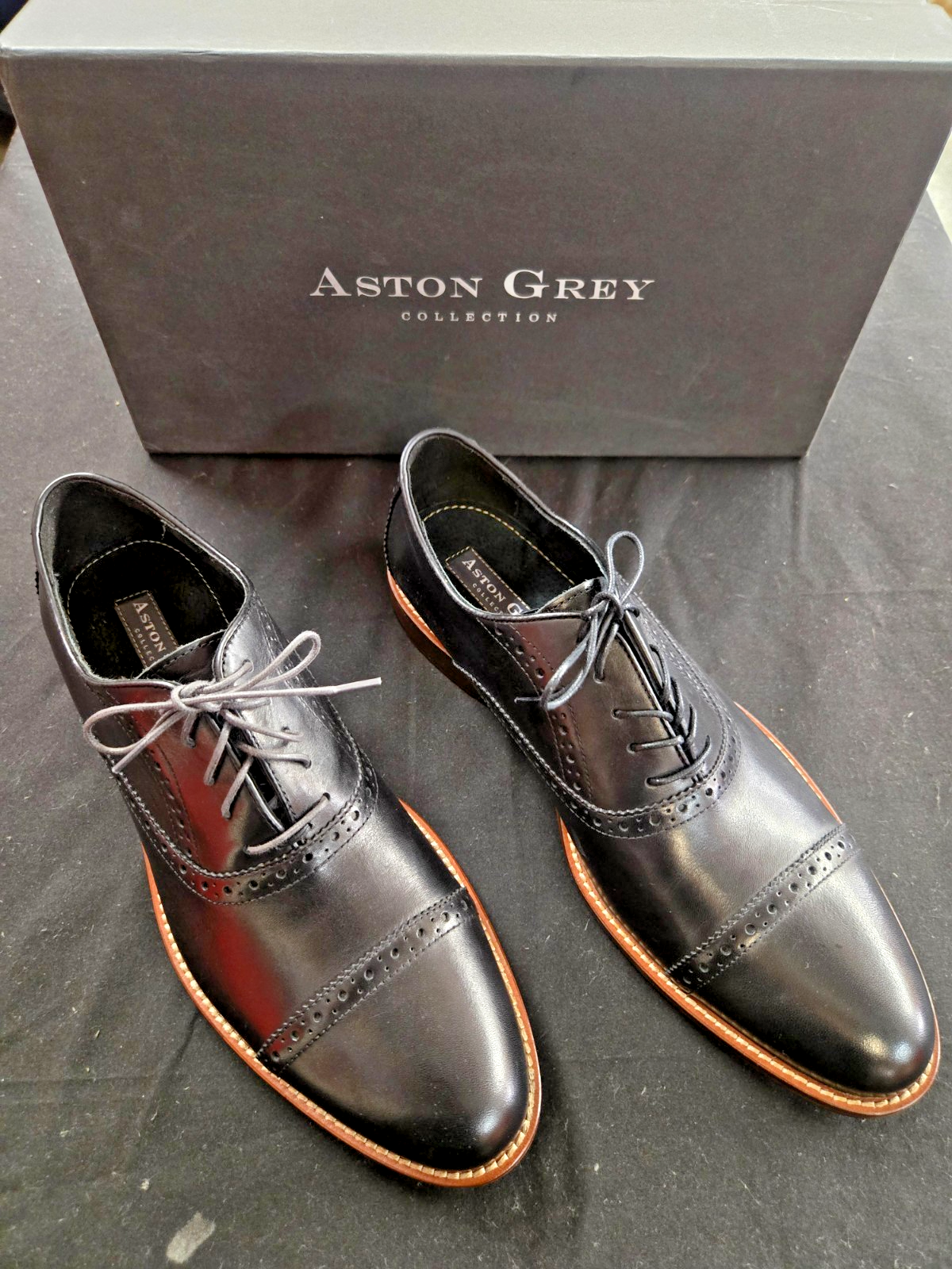 Aston Grey Osaka Shoes Men's 10 BLACK Leather Oxford Cap Toe BROGUE DRESS  #0366