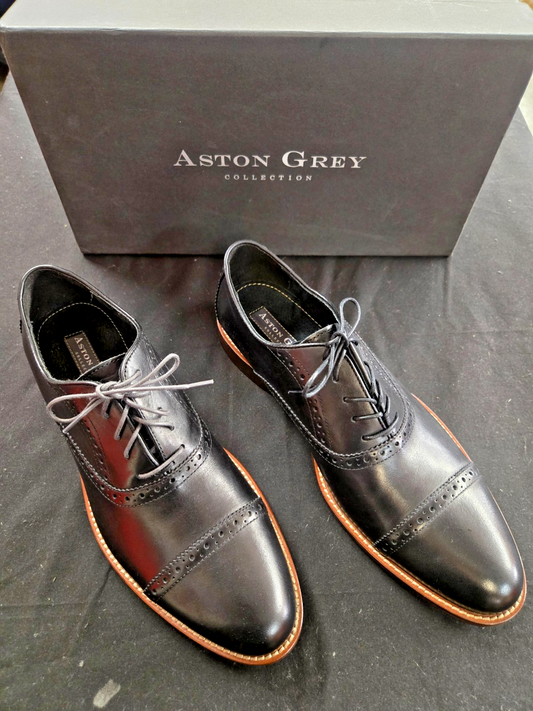 Aston Grey Osaka Shoes Men's 10 BLACK Leather Oxford Cap Toe BROGUE DRESS  #0366