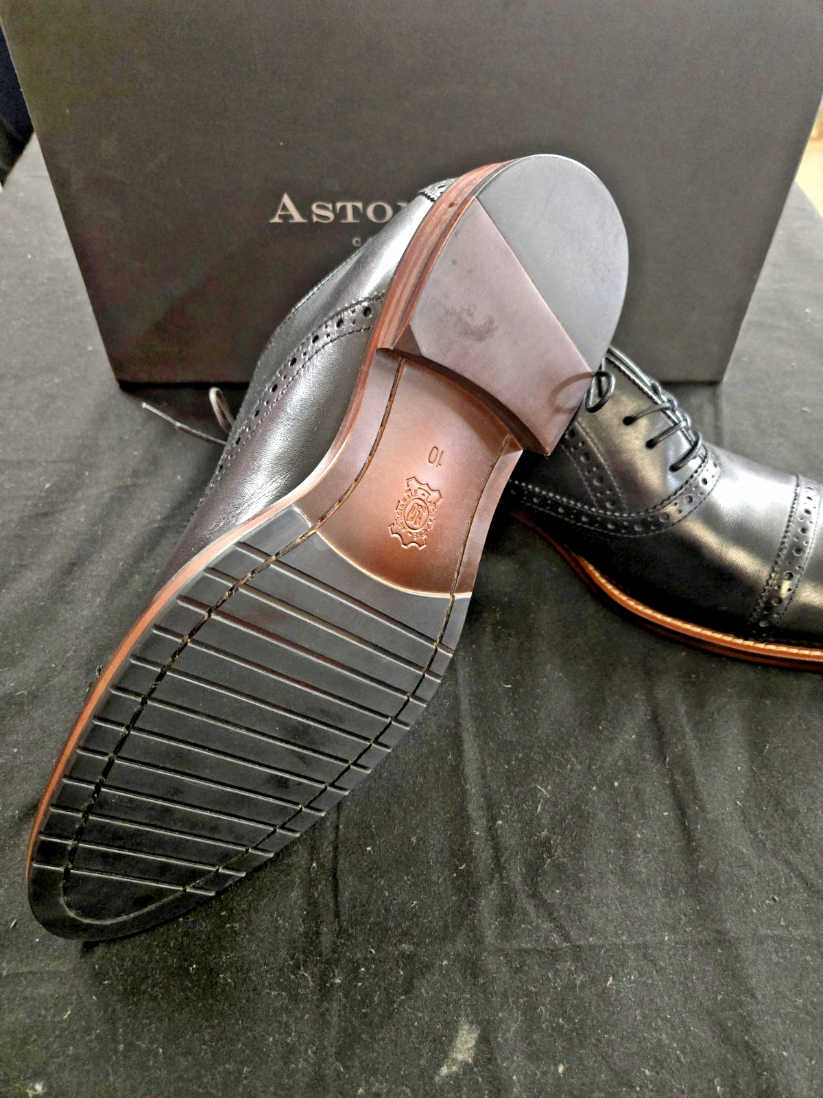 Aston Grey Osaka Shoes Men's 10 BLACK Leather Oxford Cap Toe BROGUE DRESS  #0366
