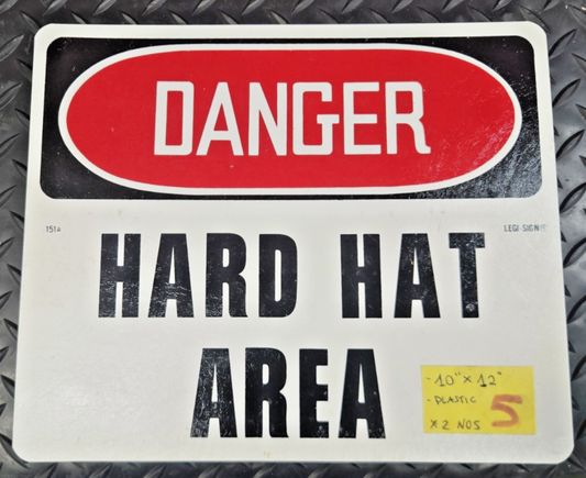 DANGER HARD HAT AREA Sign plastic 12" x 10"  nos