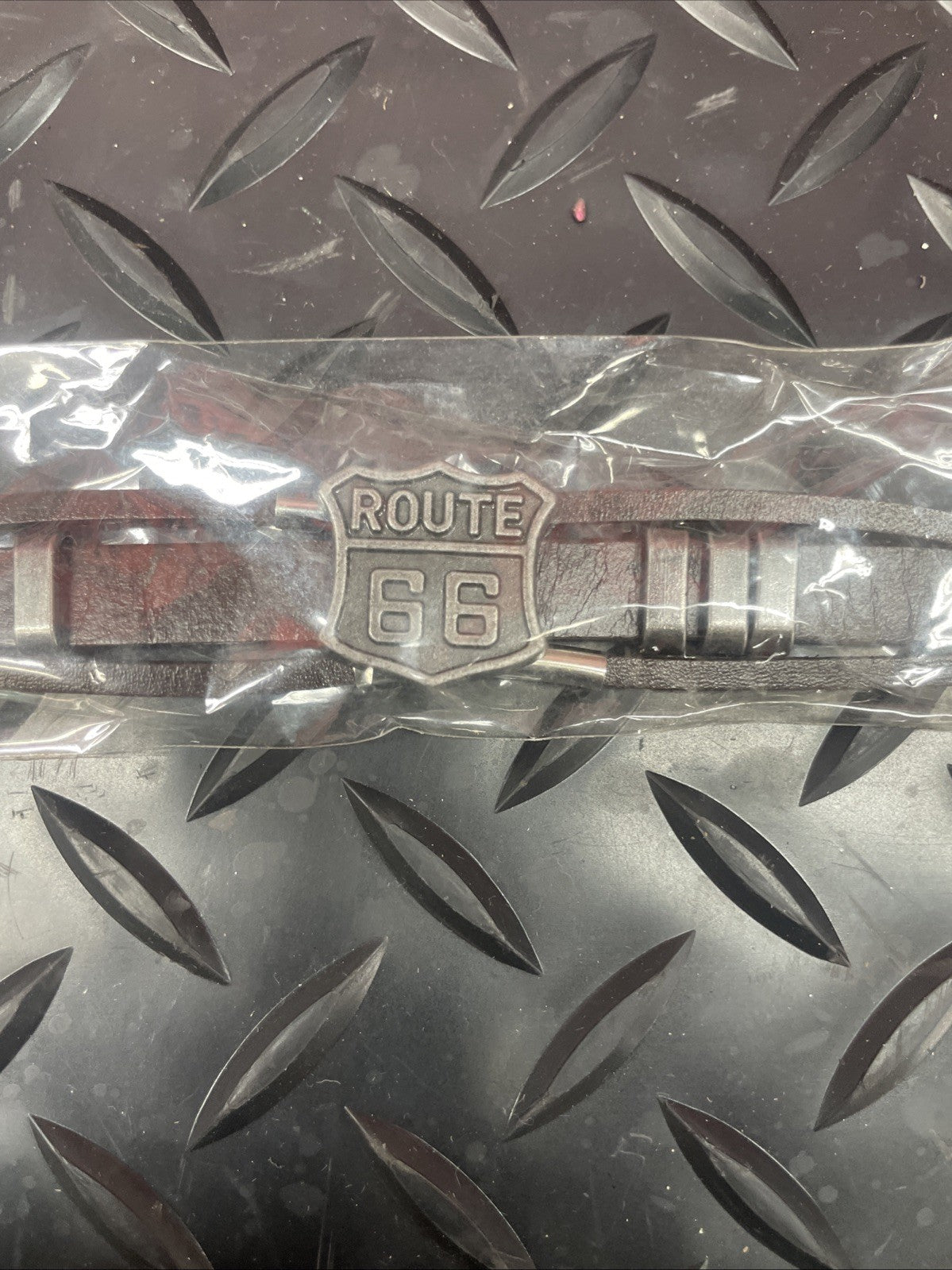Route 66 Brown Leather Bracelet Adjustable Metal Shield Charm  #1125
