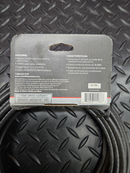 Rocketfish 25ft RG6 Coaxial Cable Indoor/Outdoor W/PROOF 18AWG RF-RG625BK #0846