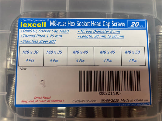 20pcs M8 Screws Assortment kit M8x30/35/40/45/50mm Hex Socket Head #1377