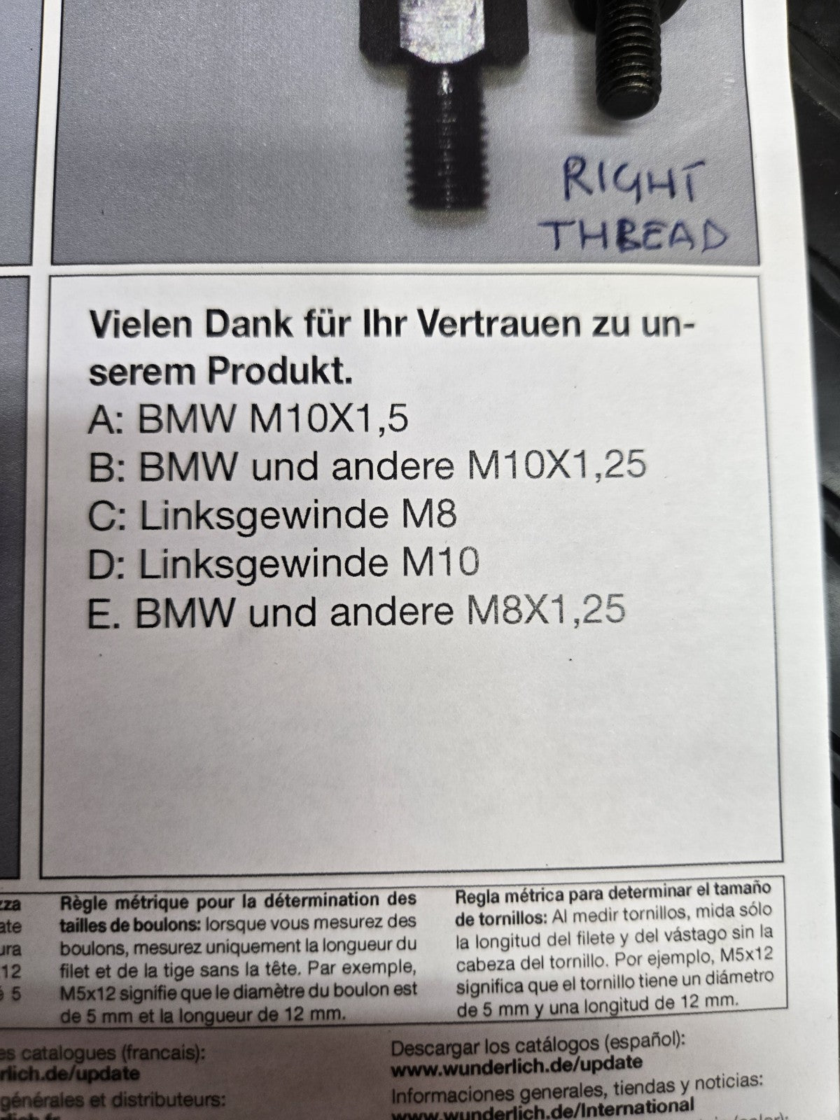 BMW wunderlich Mirror Adaptor SOLD EACH  #1202
