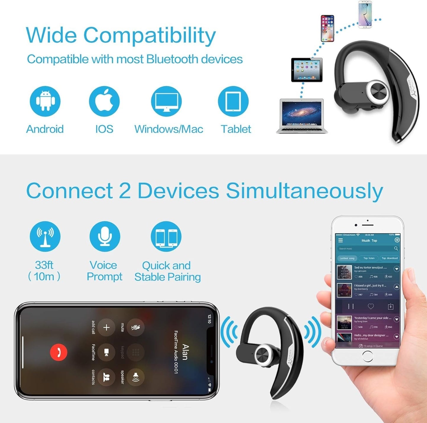 YUWISS Y6 Bluetooth Earpiece w/Mic Wireless Headphones HEADSET   #0221