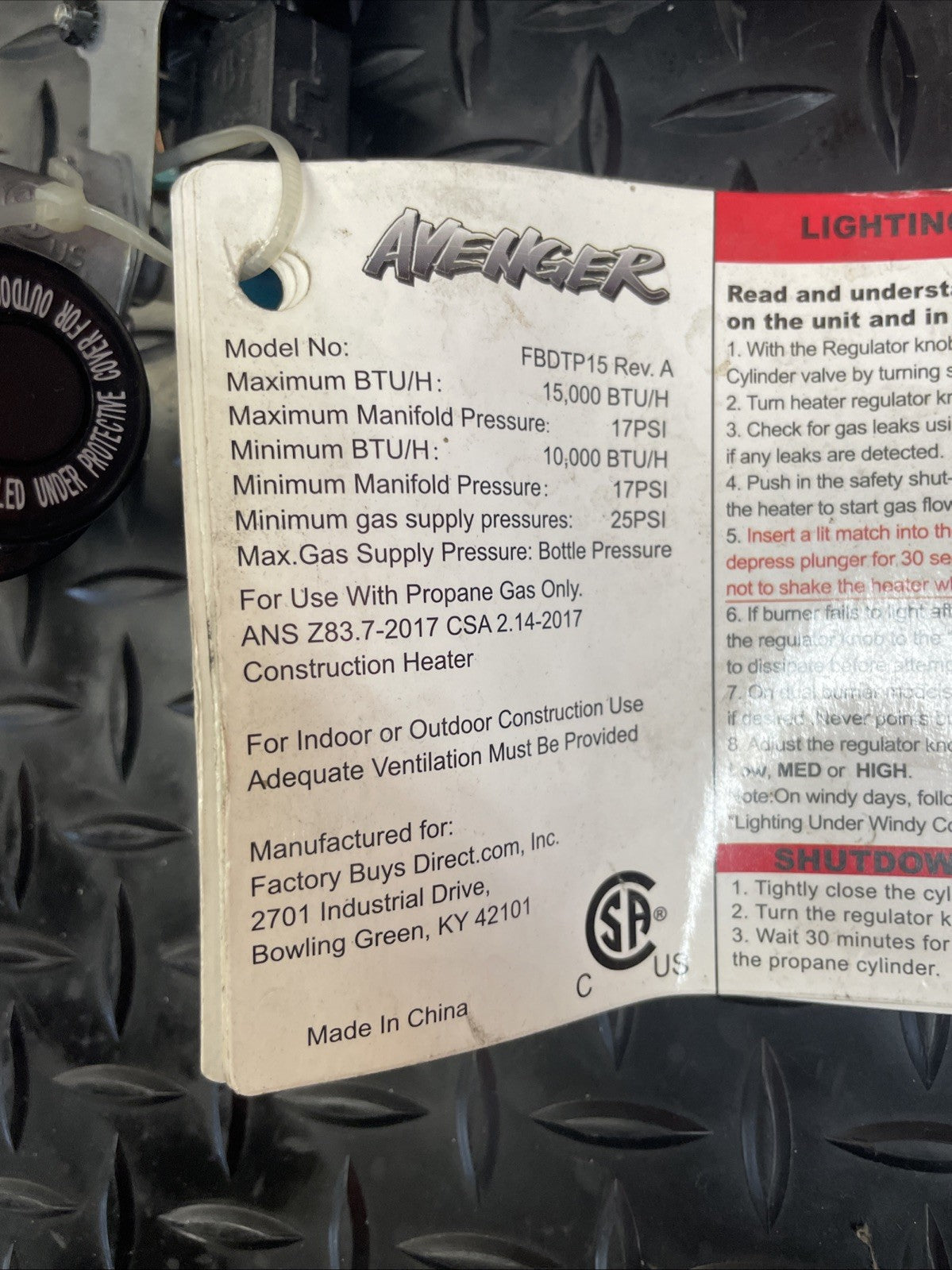 AVENGER THERMOHEAT PROPANE TANK MOUNT RADIANT HEATER FBDTP15 15000 BTU/H  #1233