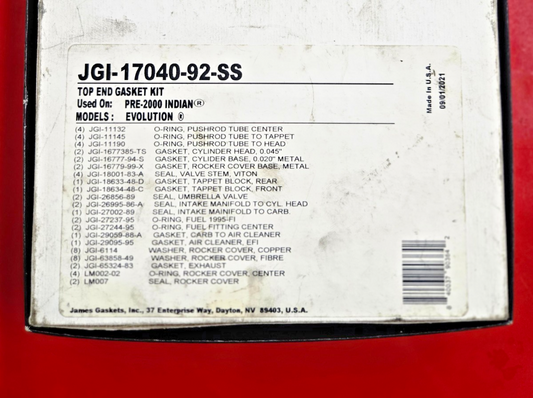 James Gasket JGI-17040-92-SS Top End Gasket Set OPEN BOX MISSING GASKETS #0402